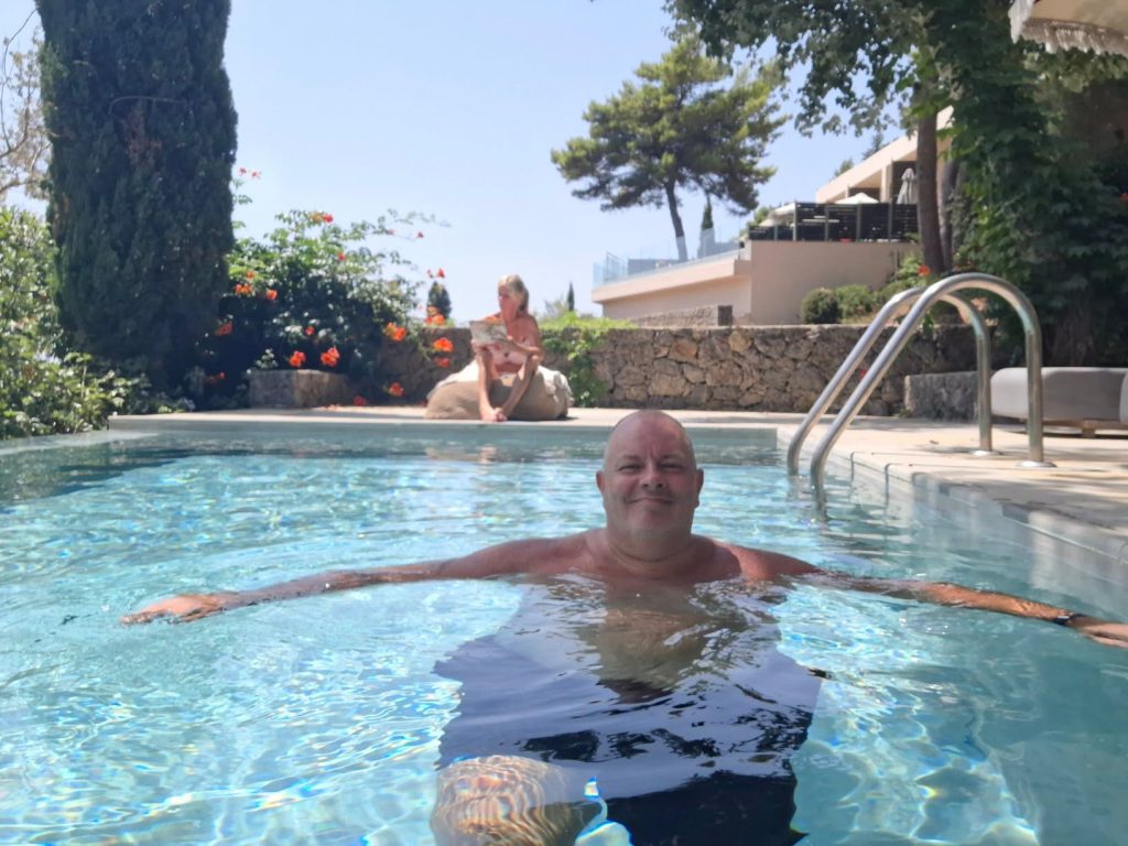 Gary relaxing in the pool at Scruff in the Sun